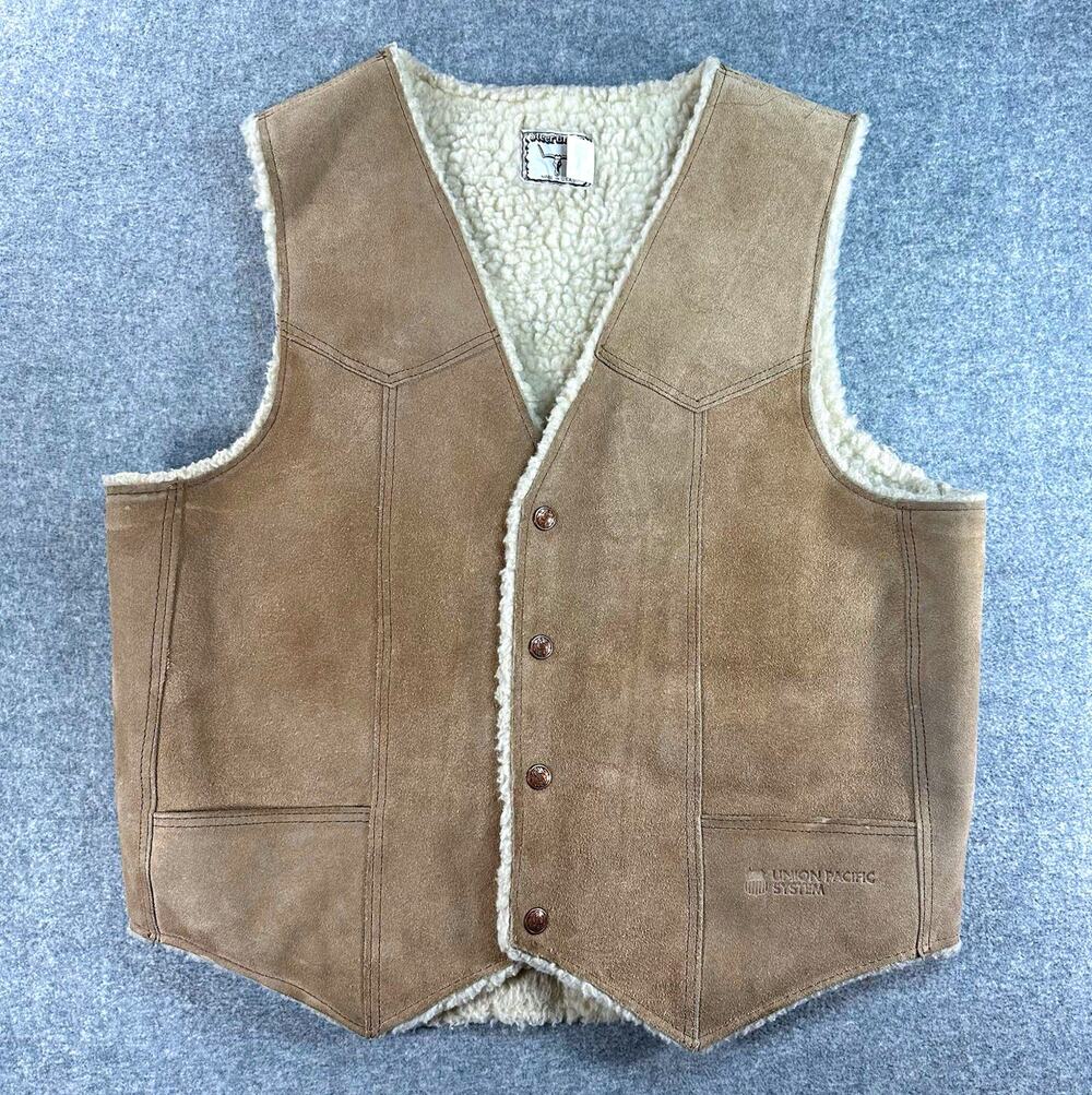 Union Pacific System Leather Vest L Made USA Sherpa Lined Western Railroad